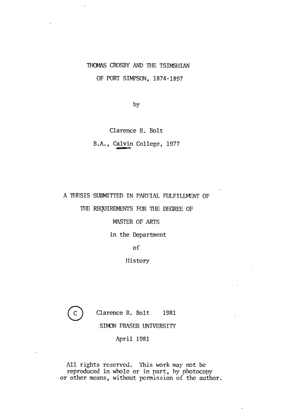 Thomas Crosby and the Tsimshian of Port Simpson, 1874-1897