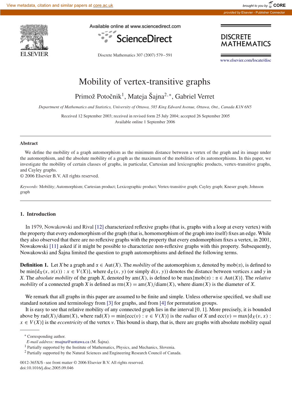 Mobility of Vertex-Transitive Graphs Primož Potoˇcnik1, Mateja Šajna2,∗, Gabriel Verret