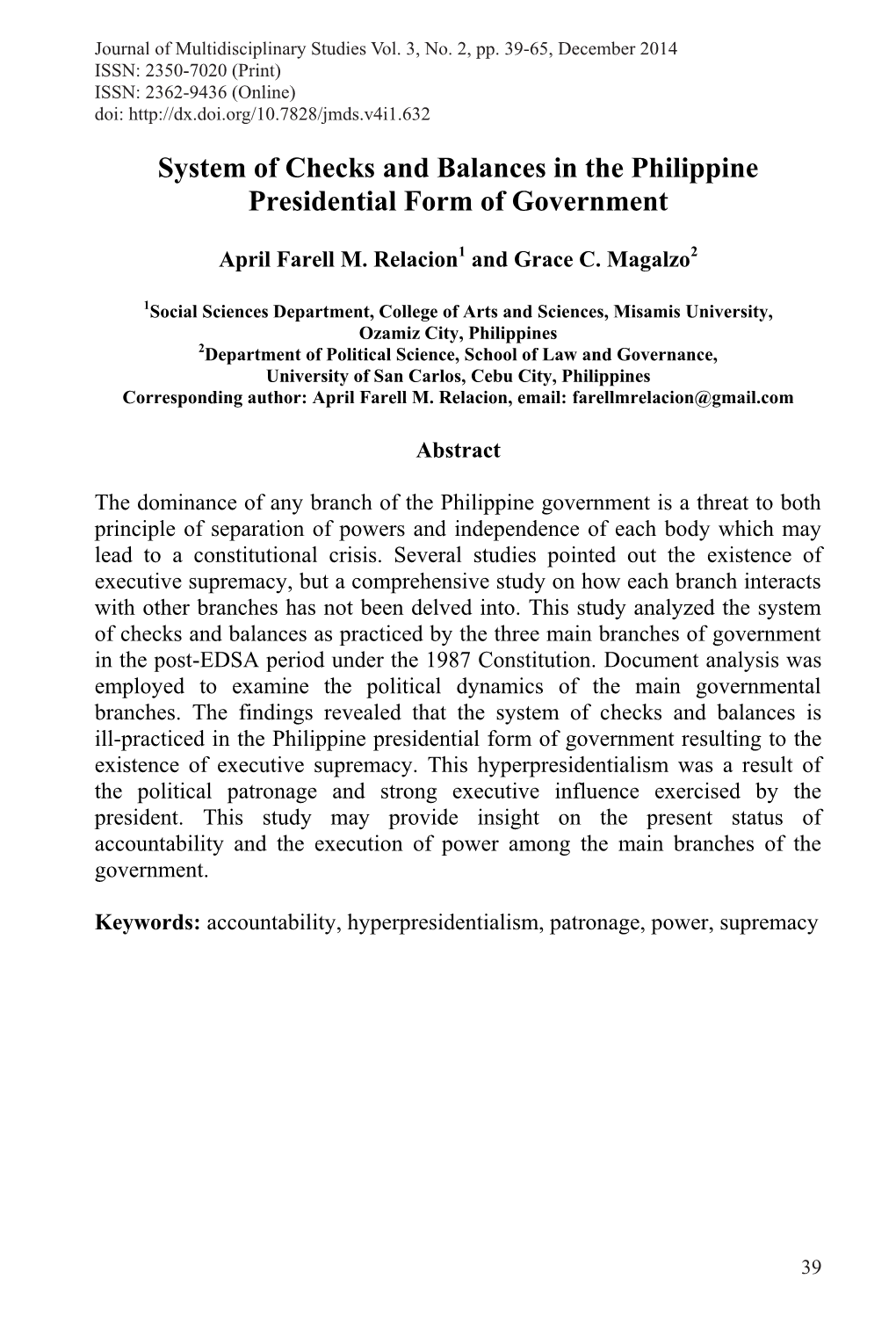 System of Checks and Balances in the Philippine Presidential Form of Government