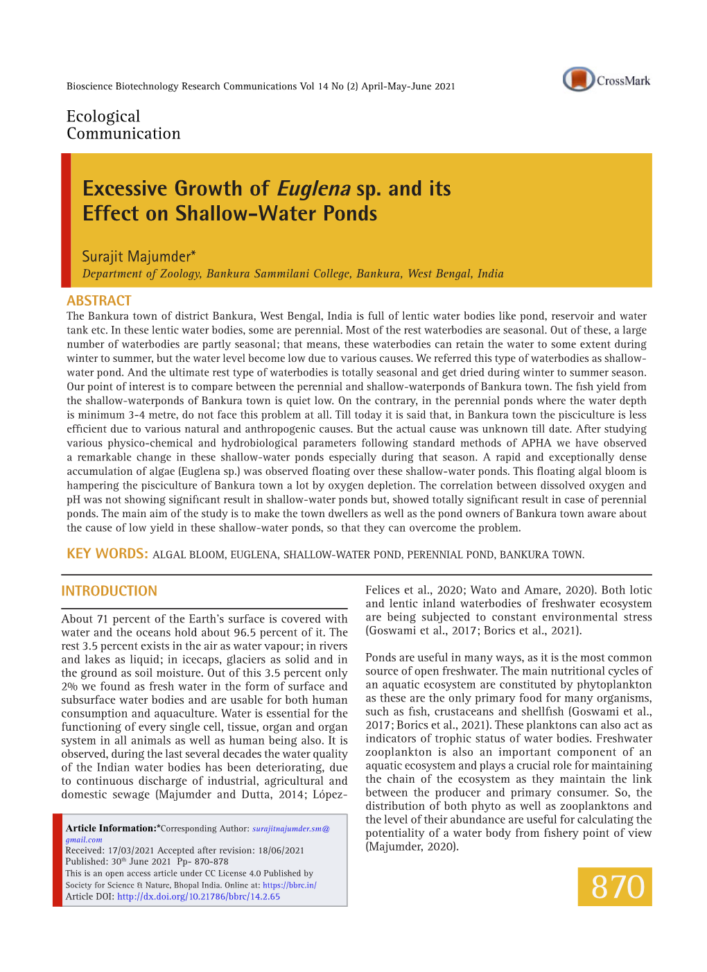 Excessive Growth of Euglena Sp. and Its Effect on Shallow-Water Ponds