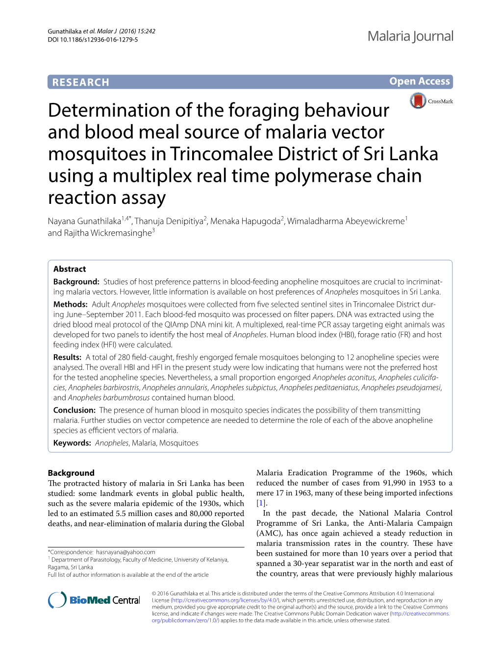 Determination of the Foraging Behaviour and Blood Meal Source