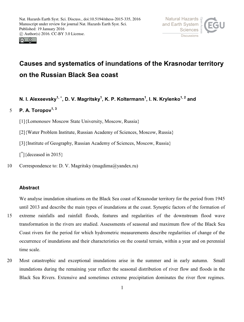 Causes and Systematics of Inundations of the Krasnodar Territory on the Russian Black Sea Coast