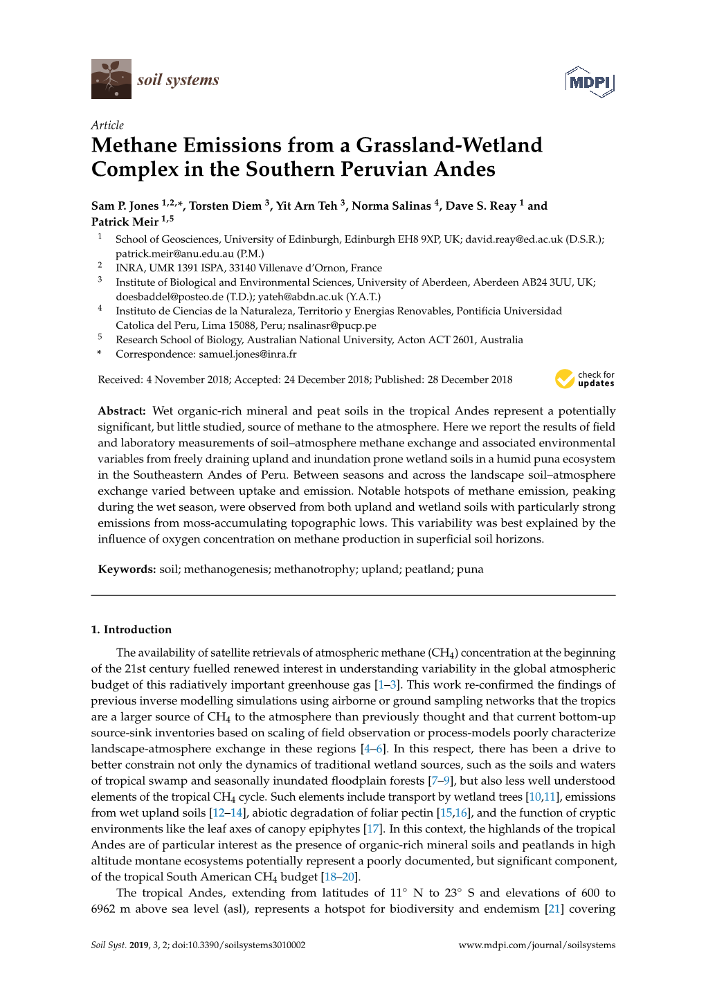 Methane Emissions from a Grassland-Wetland Complex in the Southern Peruvian Andes