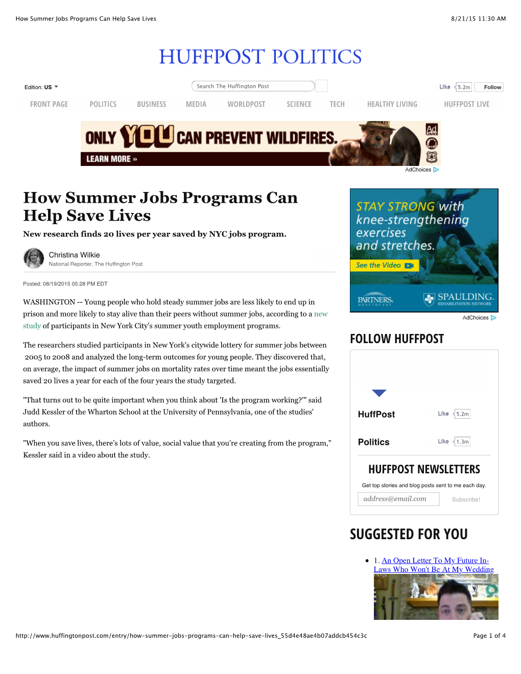 How Summer Jobs Programs Can Help Save Lives 8/21/15 11:30 AM