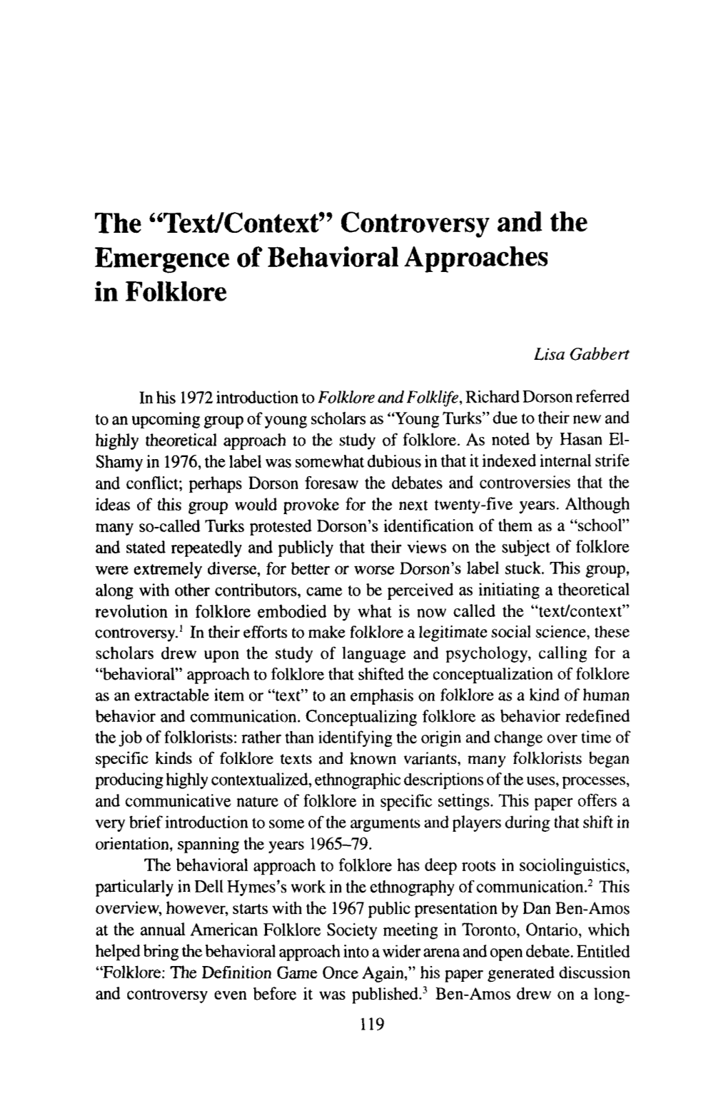 Controversy and the Emergence of Behavioral Approaches in Folklore