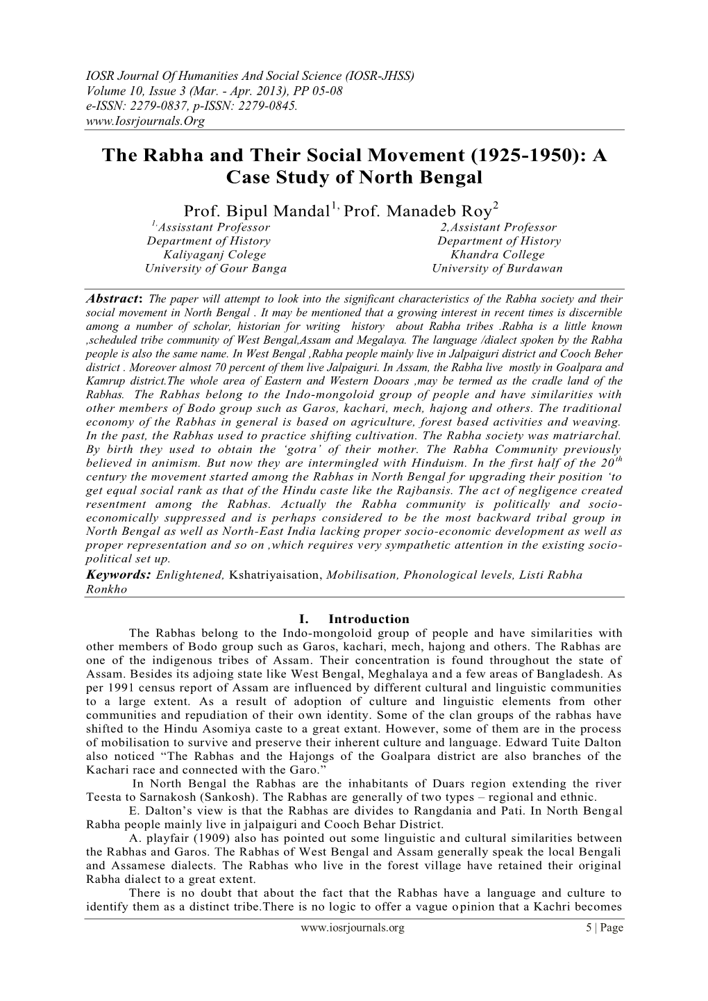 The Rabha and Their Social Movement (1925-1950): a Case Study of North Bengal