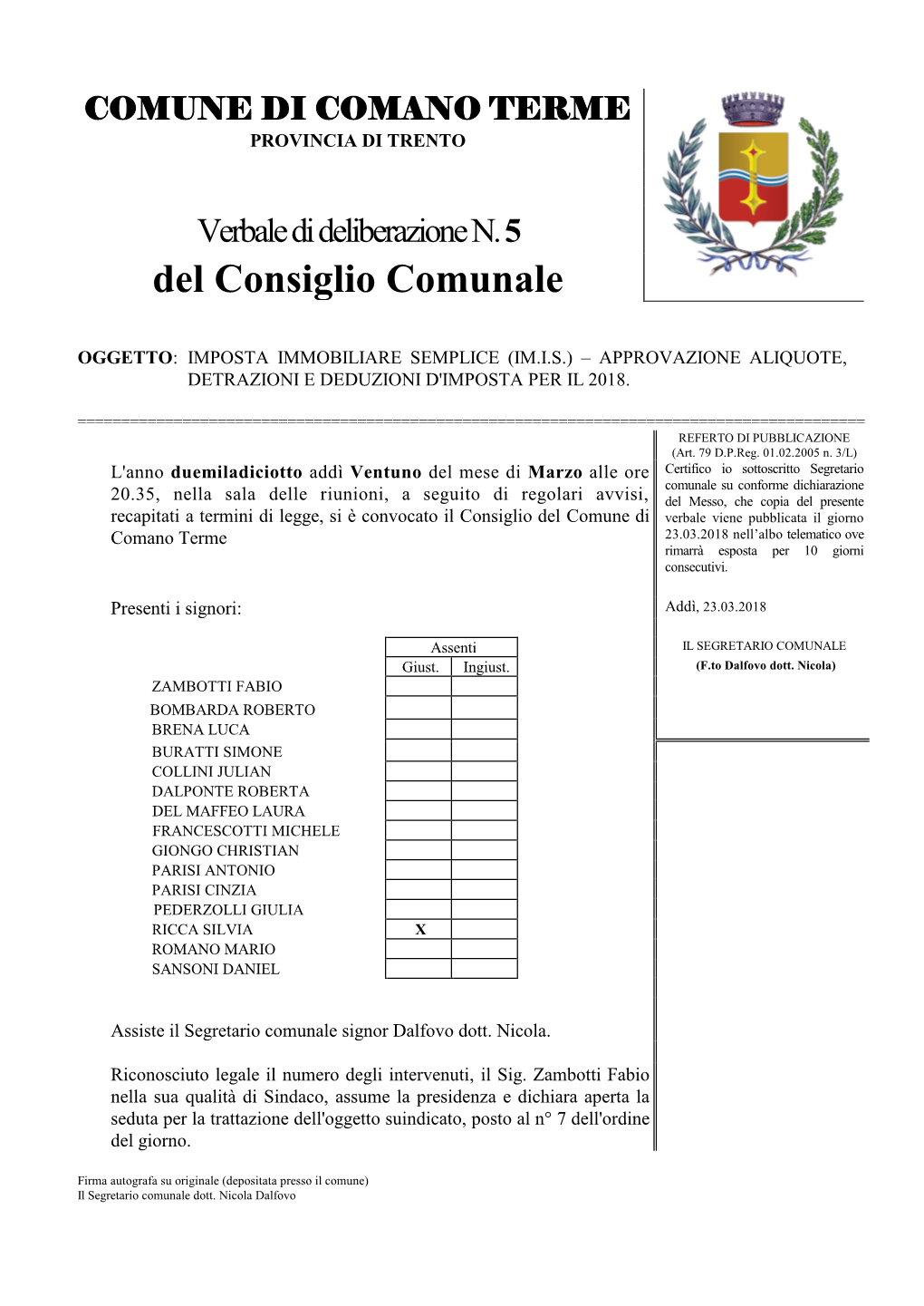Riepilogo Aliquote IMIS Comune Di Comano Terme 2018