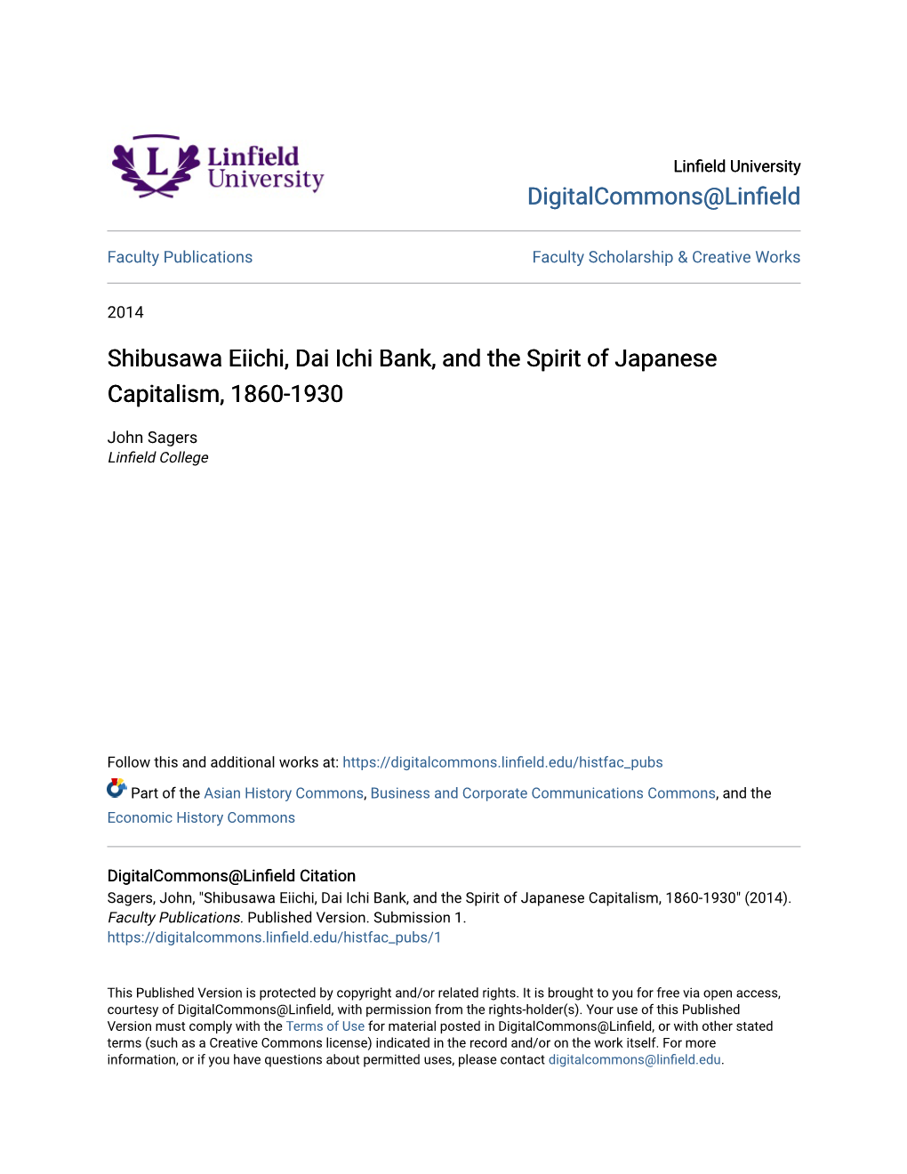 Shibusawa Eiichi, Dai Ichi Bank, and the Spirit of Japanese Capitalism, 1860-1930
