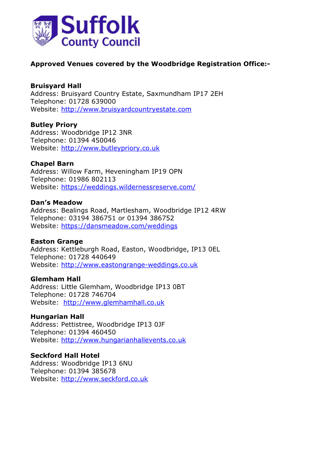 Approved Venues Covered by the Woodbridge Registration Office