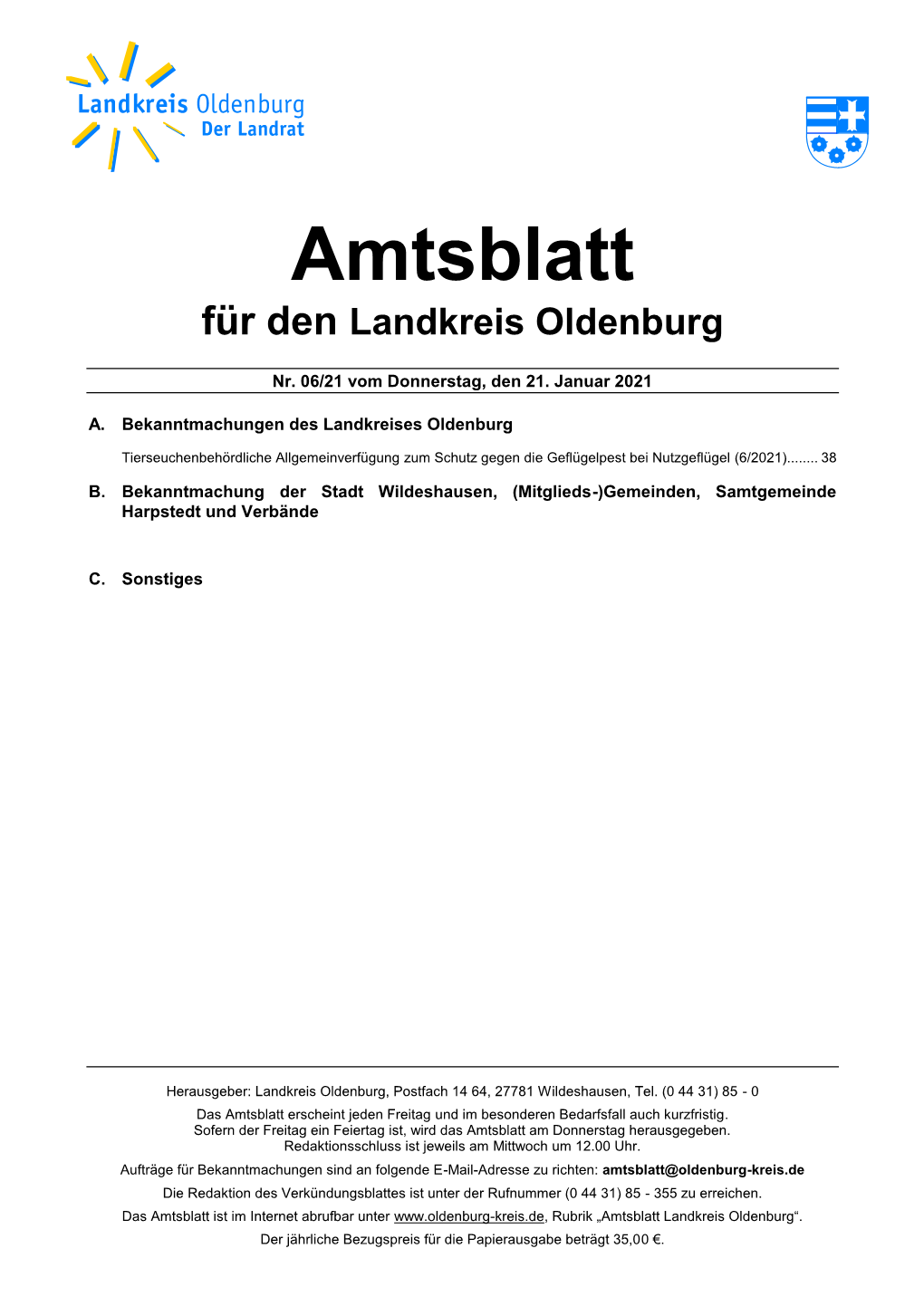 Amtsblatt Für Den Landkreis Oldenburg