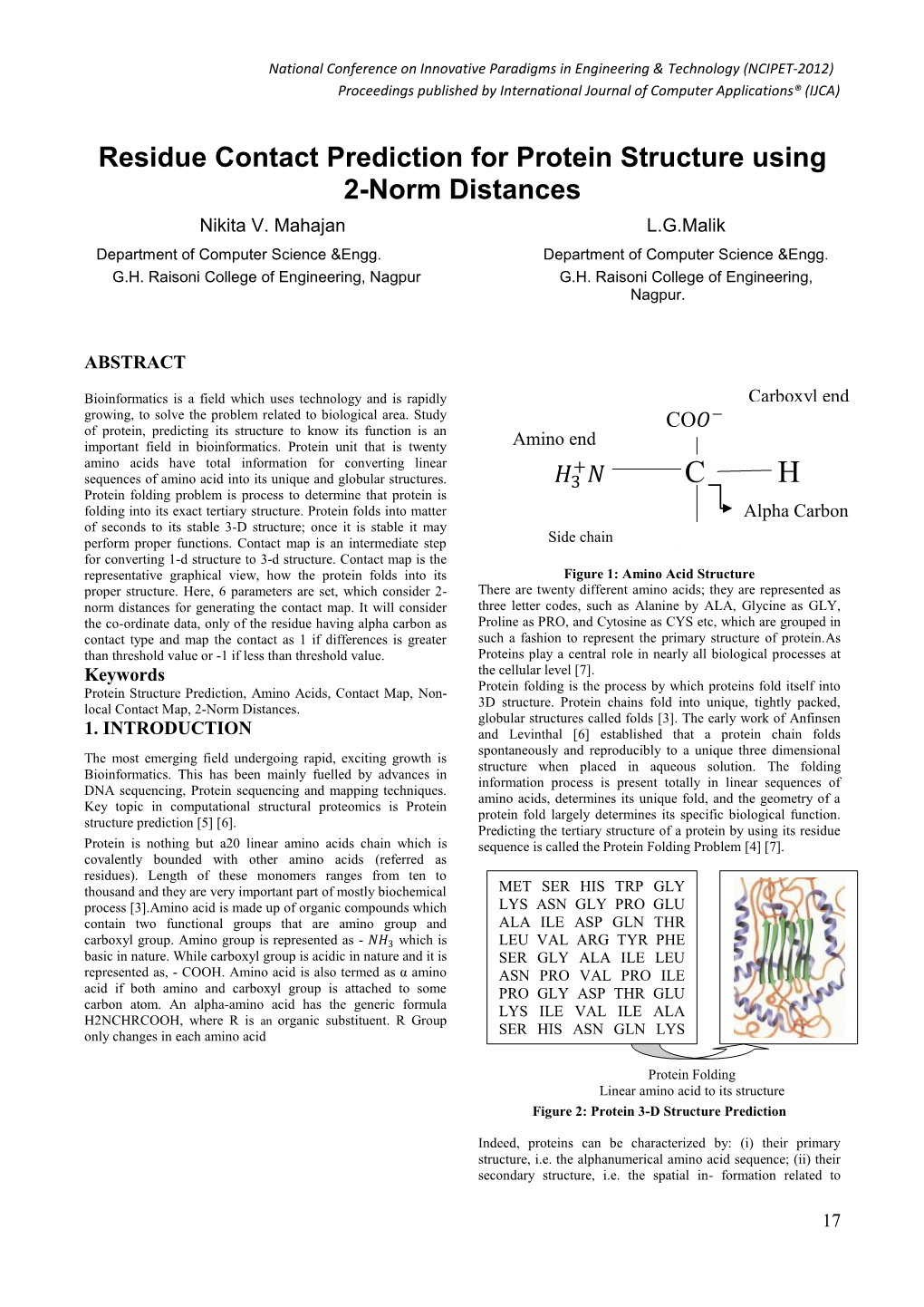 Residue Contact Prediction for Protein Structure Using 2-Norm Distances Nikita V