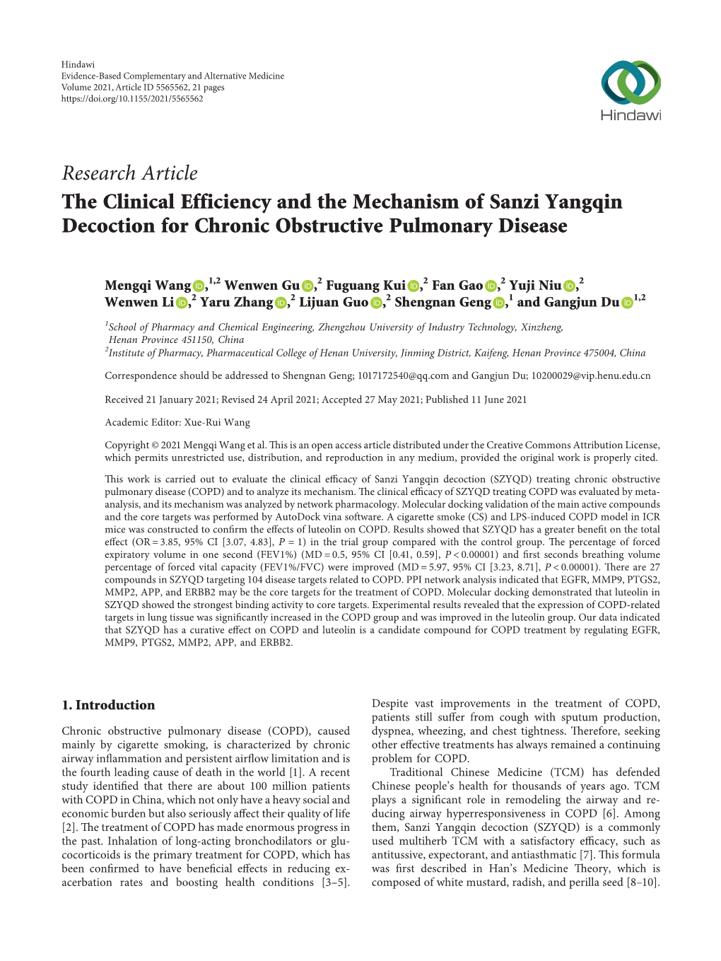 The Clinical Efficiency and the Mechanism of Sanzi Yangqin Decoction for Chronic Obstructive Pulmonary Disease