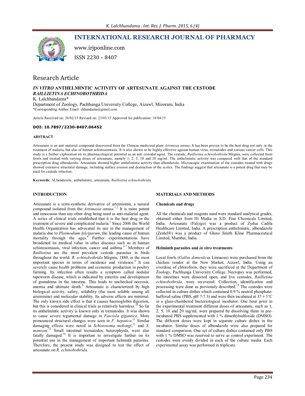 In Vitro Anthelmintic Activity of Artesunate Against the Cestode Raillietina Echinobothrida K