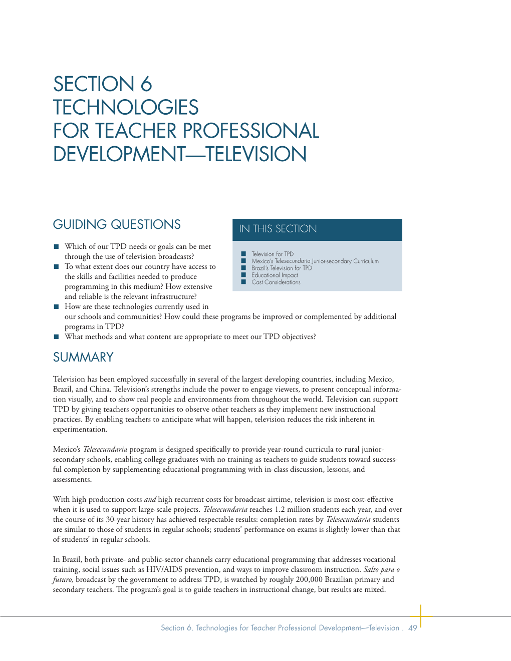 Section 6 Technologies for Teacher Professional Development—Television