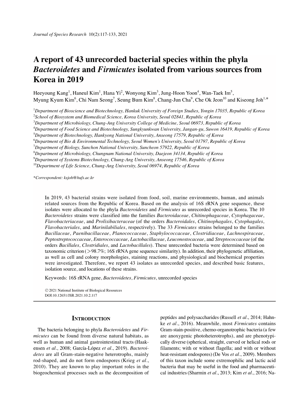 A Report of 43 Unrecorded Bacterial Species Within the Phyla Bacteroidetes and Firmicutes Isolated from Various Sources from Korea in 2019