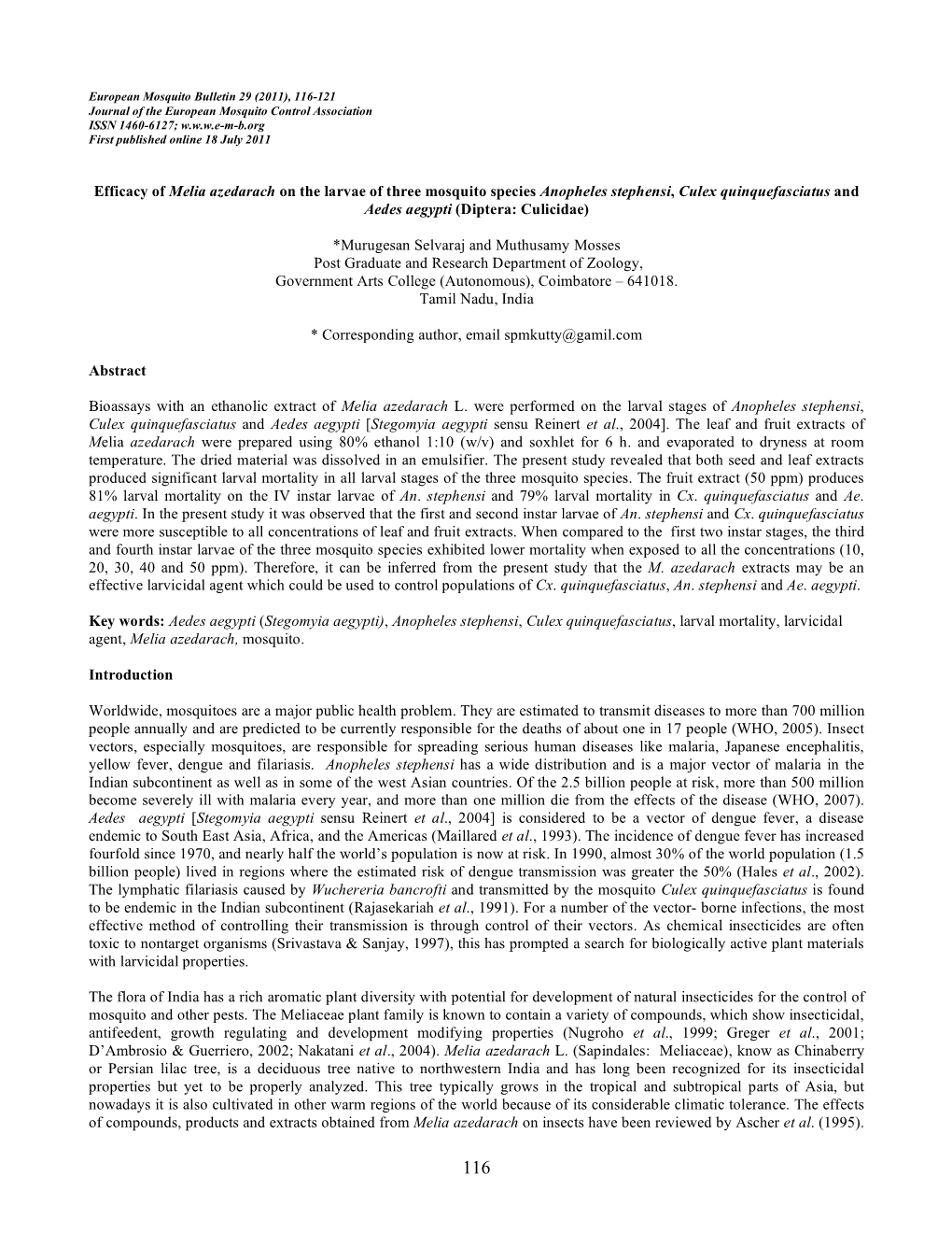 Efficacy of Melia Azedarach on the Larvae of Three Mosquito Species Anopheles Stephensi, Culex Quinquefasciatus and Aedes Aegypti (Diptera: Culicidae)