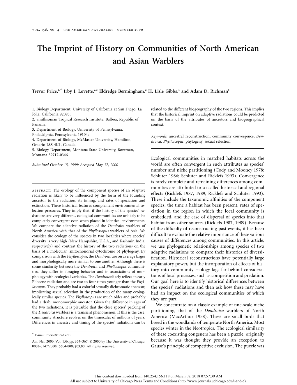 The Imprint of History on Communities of North American and Asian Warblers