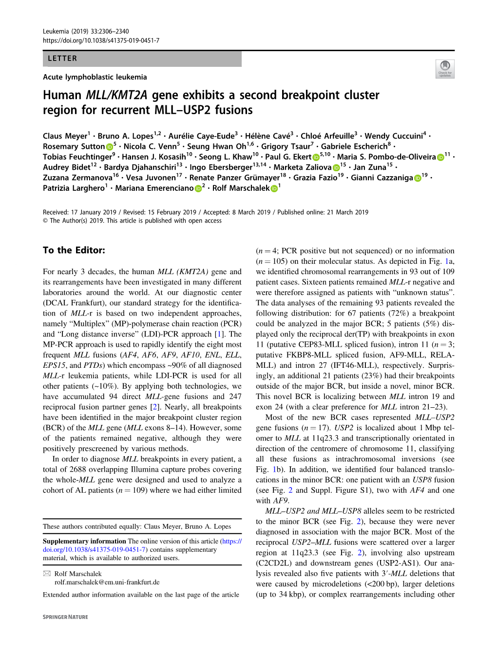 Human MLL/KMT2A Gene Exhibits a Second Breakpoint Cluster Region for Recurrent MLL–USP2 Fusions