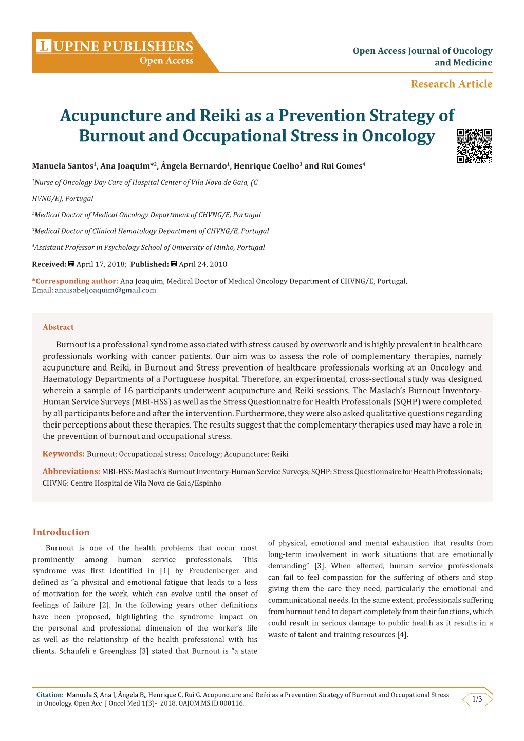 Acupuncture and Reiki As a Prevention Strategy of Burnout and Occupational Stress in Oncology