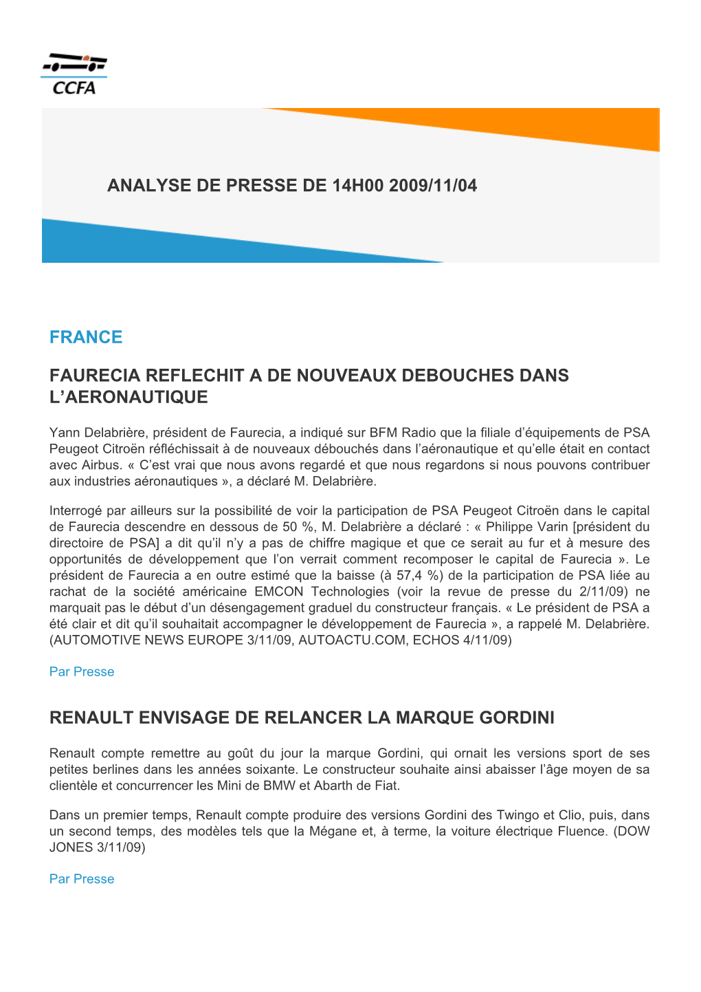 France Faurecia Reflechit a De Nouveaux Debouches