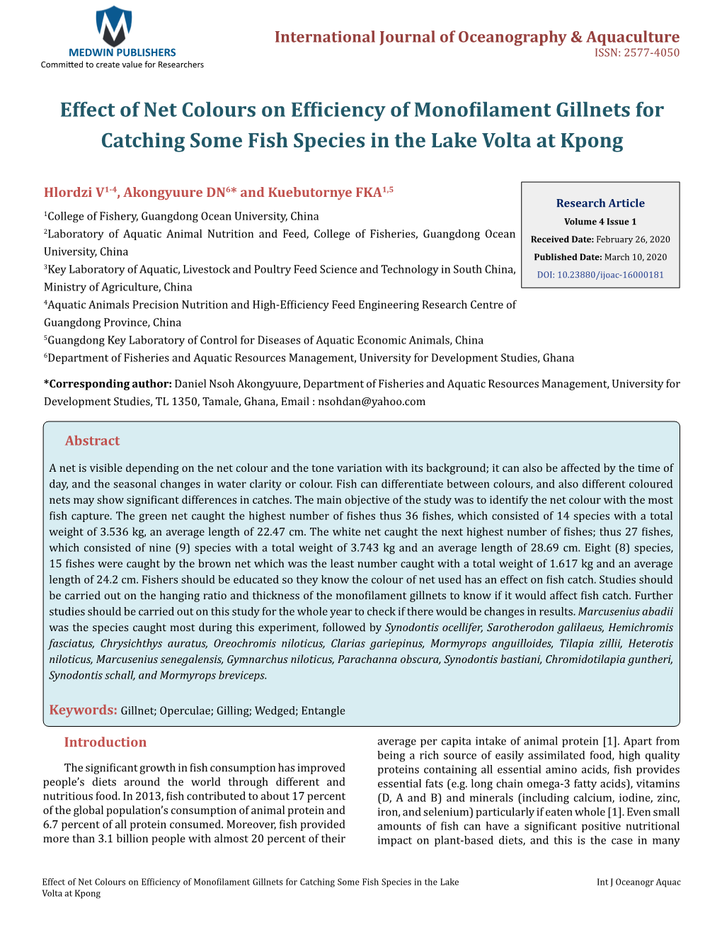 Effect of Net Colours on Efficiency of Monofilament Gillnets for Catching Some Fish Species in the Lake Volta at Kpong
