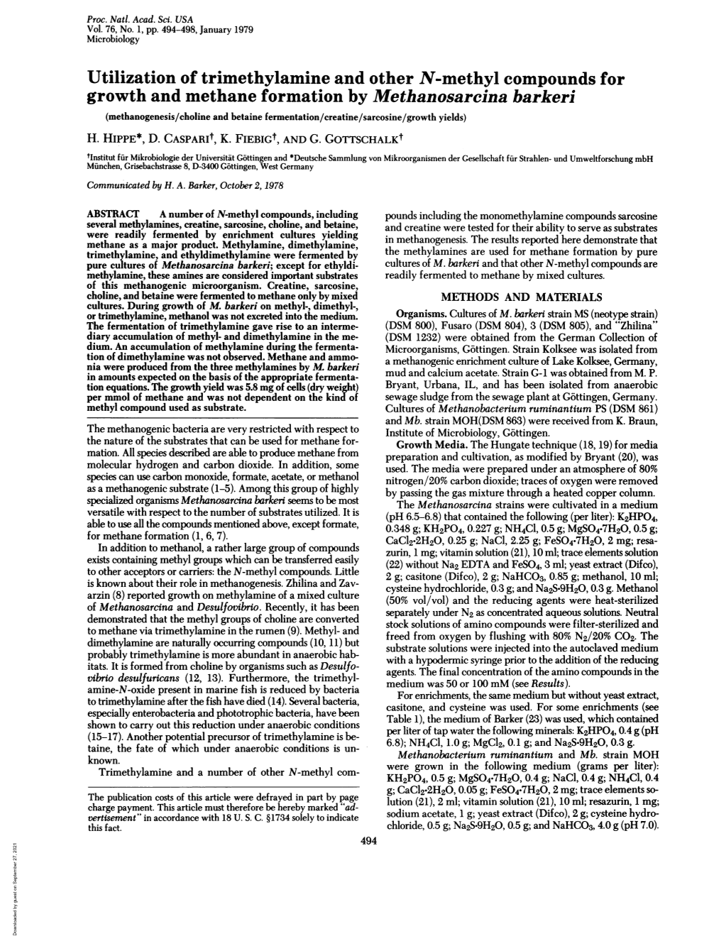 Utilization of Trimethylamine and Other N-Methyl Compounds for Growth and Methane Formation by Methanosarcina Barkeri