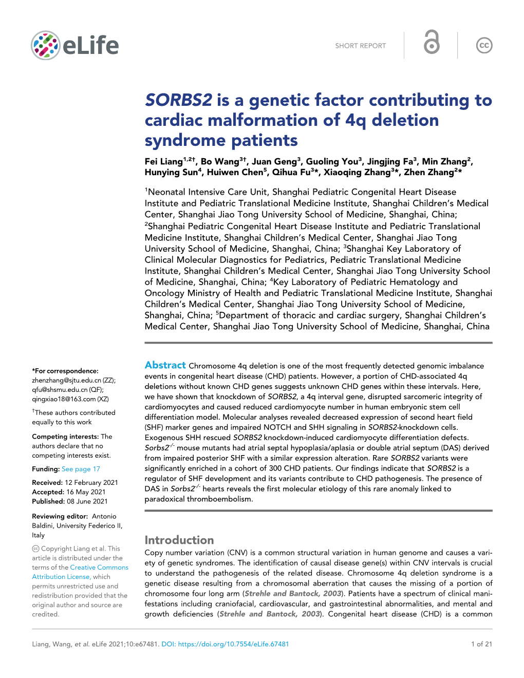 SORBS2 Is a Genetic Factor Contributing to Cardiac Malformation