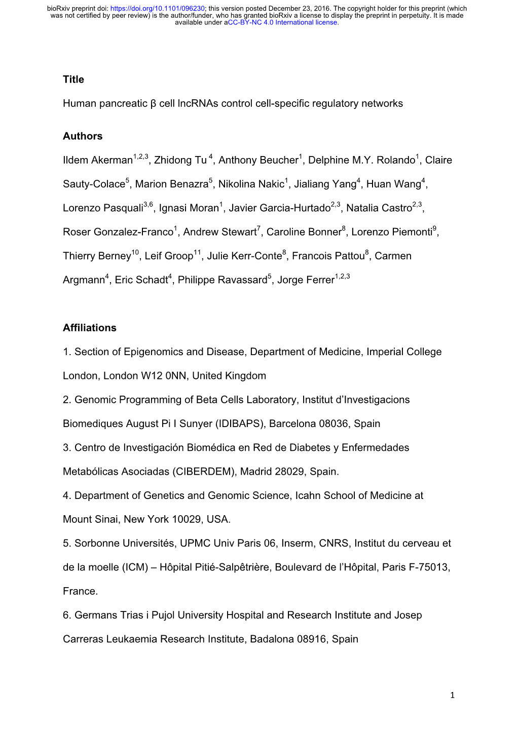 Title Human Pancreatic Β Cell Lncrnas Control Cell-Specific Regulatory