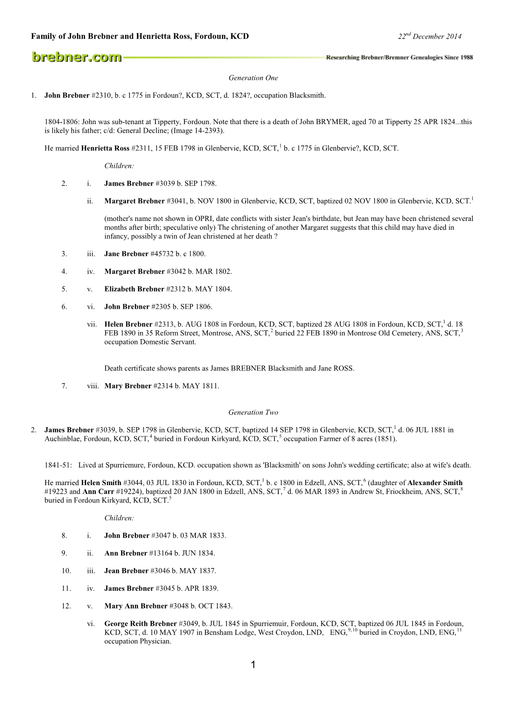 Family of John Brebner and Henrietta Ross, Fordoun, KCD 22Nd December 2014