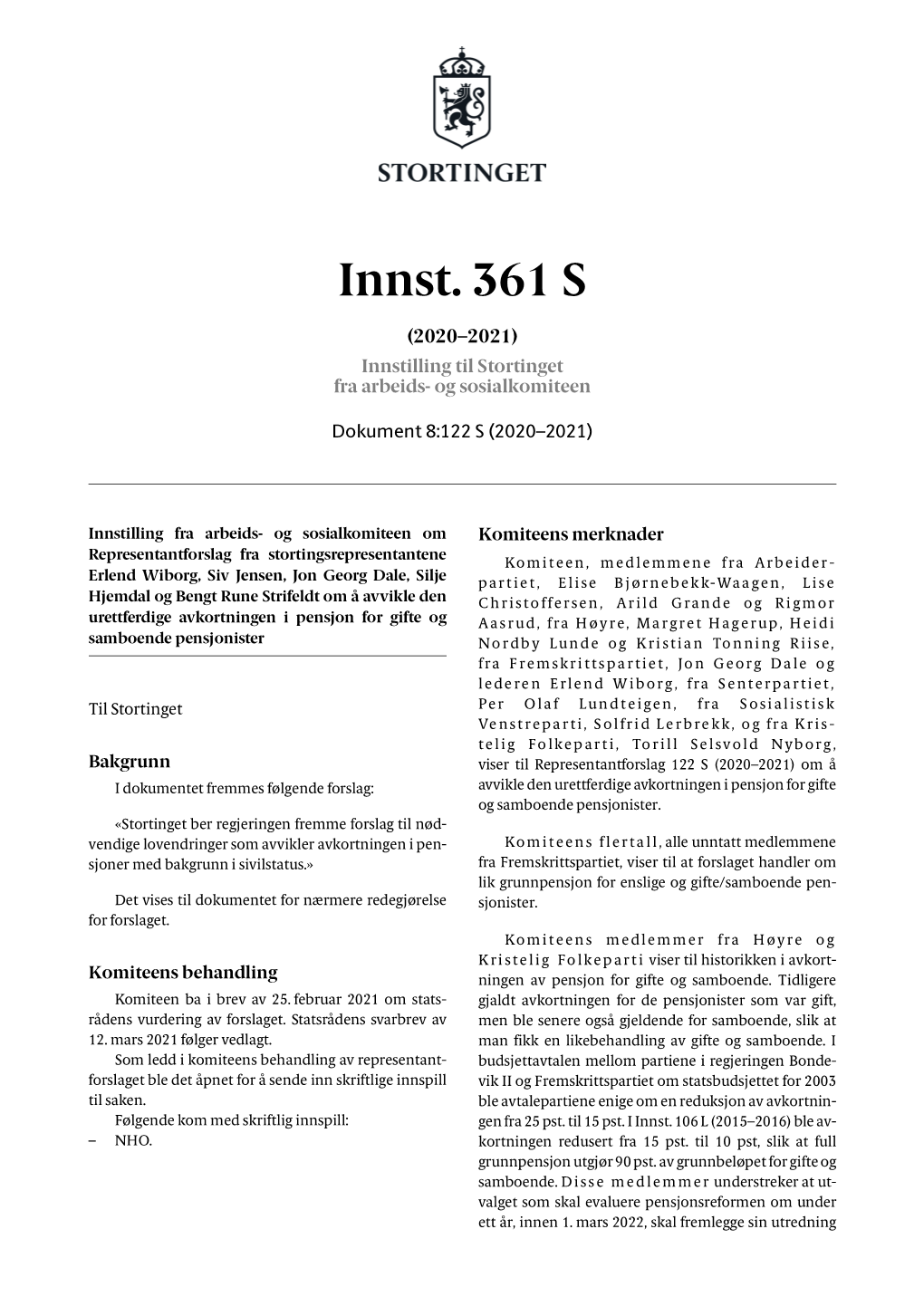 Innst. 361 S (2020–2021) Innstilling Til Stortinget Fra Arbeids- Og Sosialkomiteen