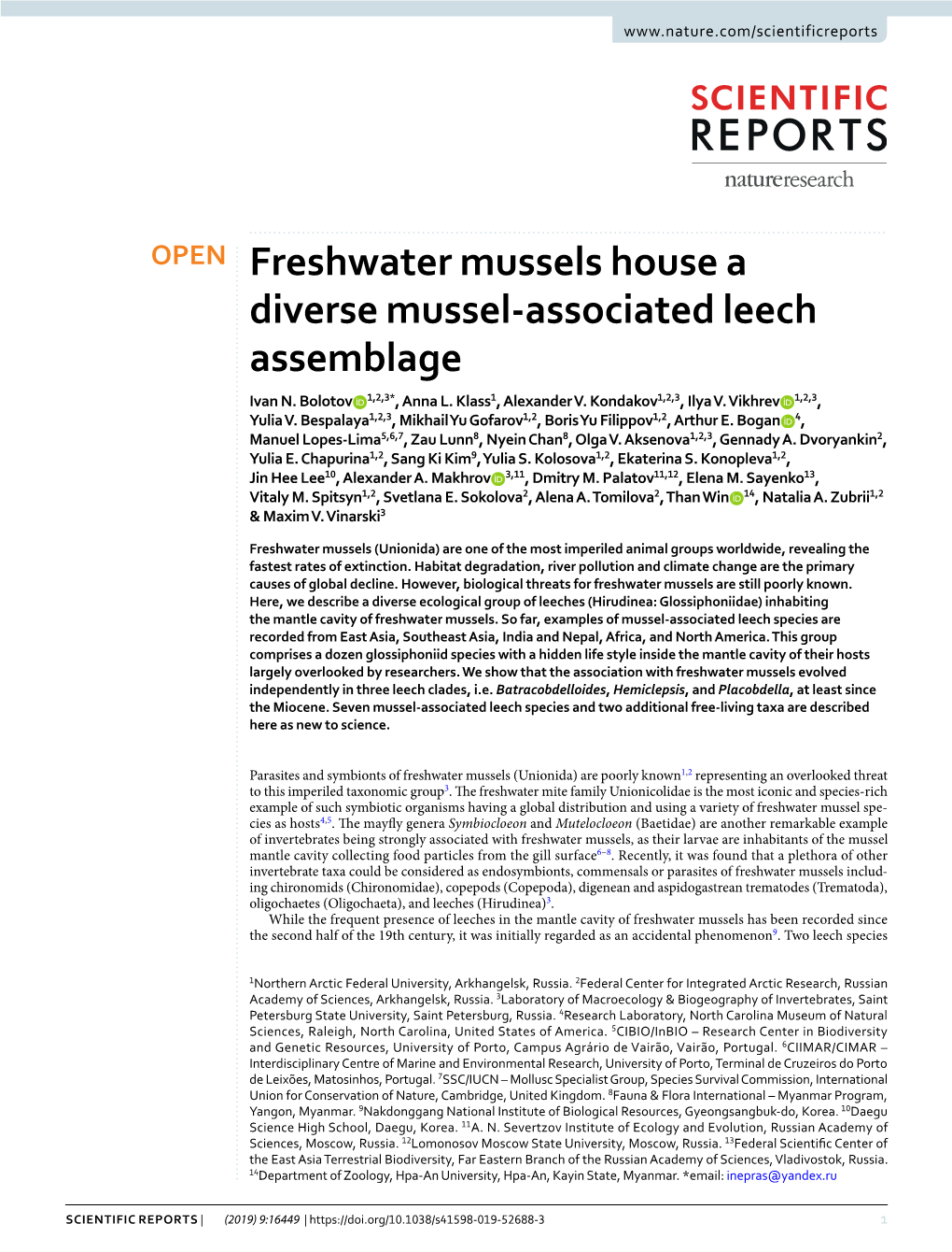 Freshwater Mussels House a Diverse Mussel-Associated Leech Assemblage Ivan N