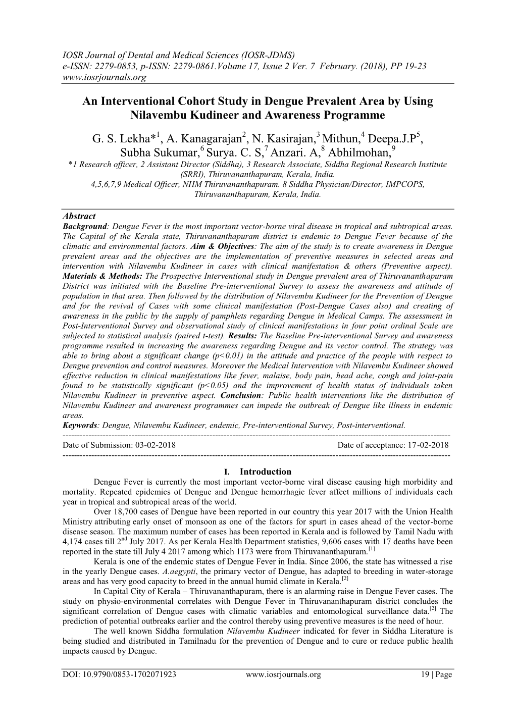 An Interventional Cohort Study in Dengue Prevalent Area by Using Nilavembu Kudineer and Awareness Programme