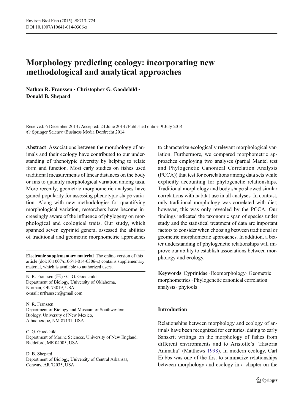 Morphology Predicting Ecology: Incorporating New Methodological and Analytical Approaches