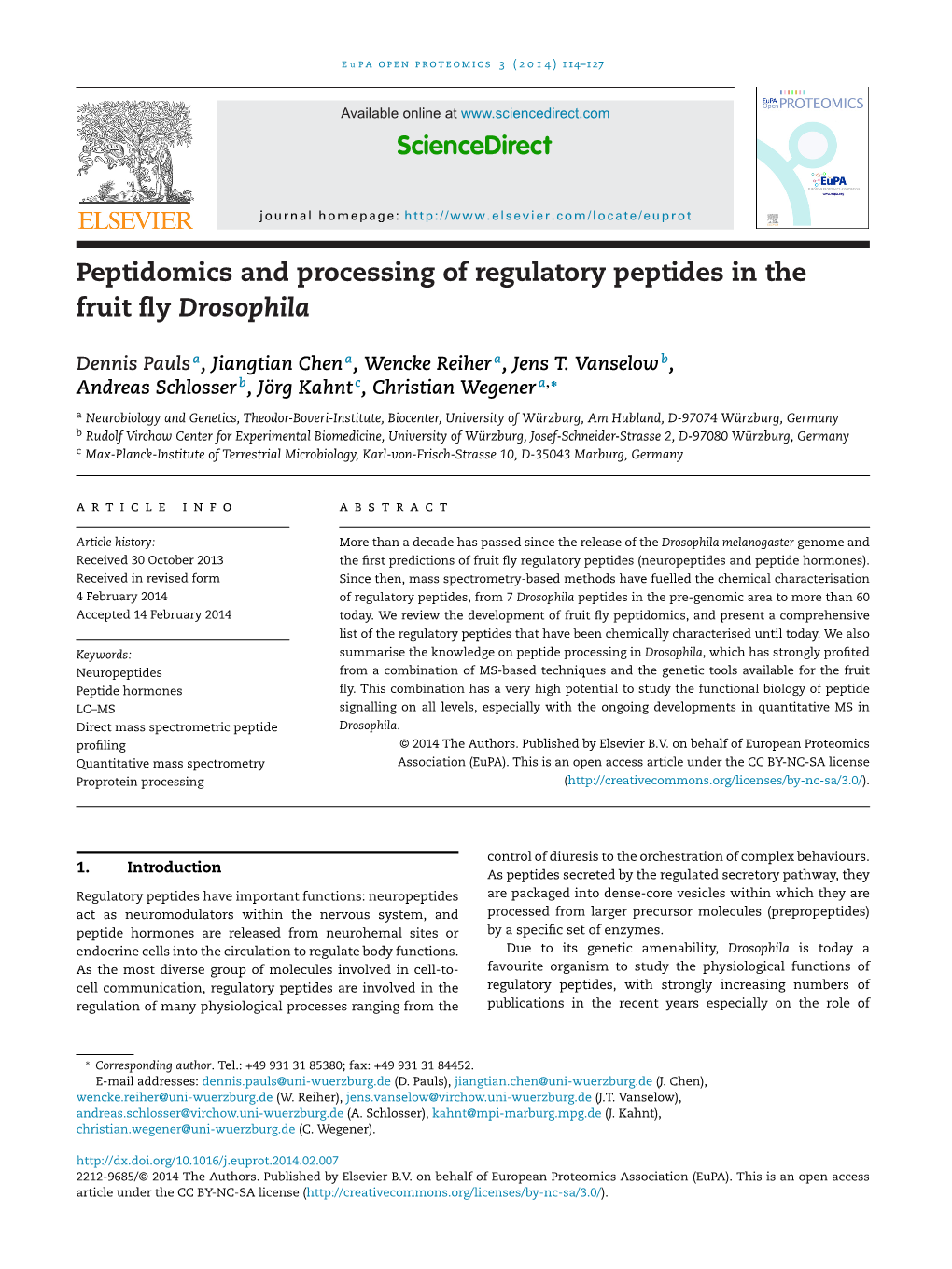 Peptidomics and Processing of Regulatory Peptides in the Fruit Fly