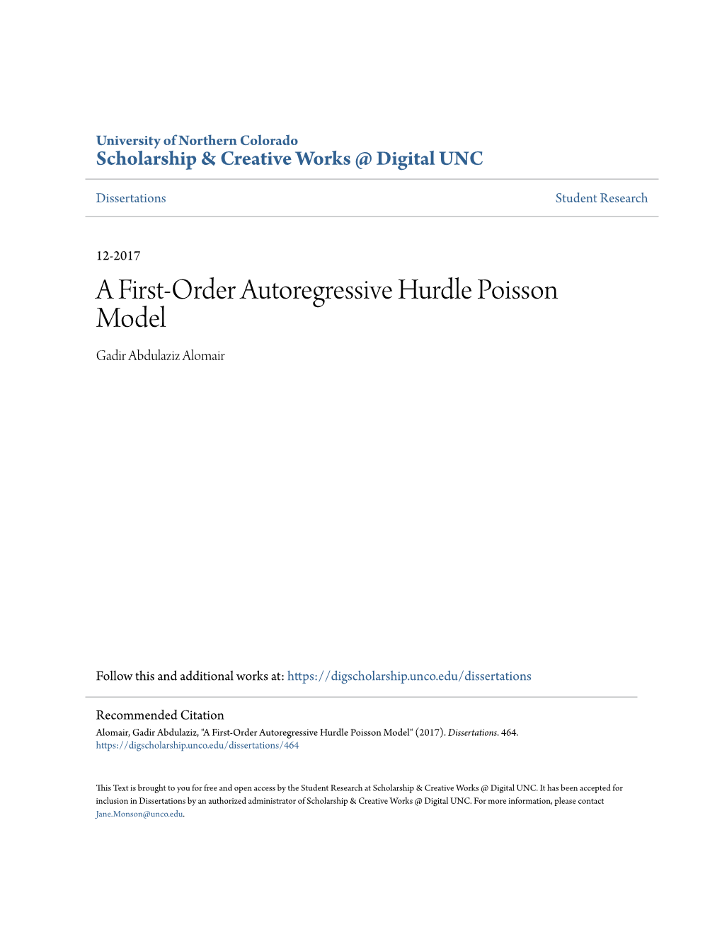 A First-Order Autoregressive Hurdle Poisson Model Gadir Abdulaziz Alomair