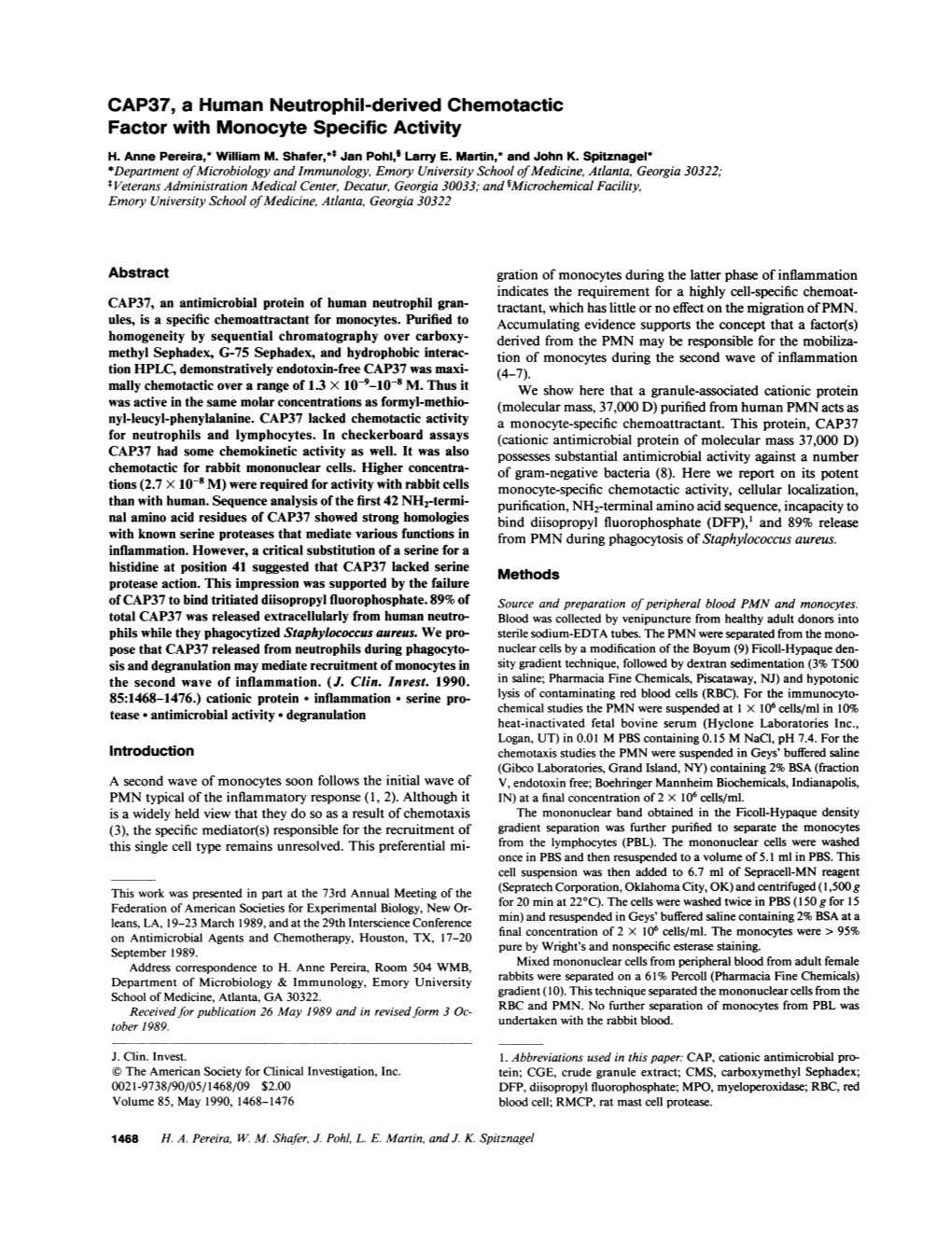 CAP37, a Human Neutrophil-Derived Chemotactic Factor with Monocyte Specific Activity H