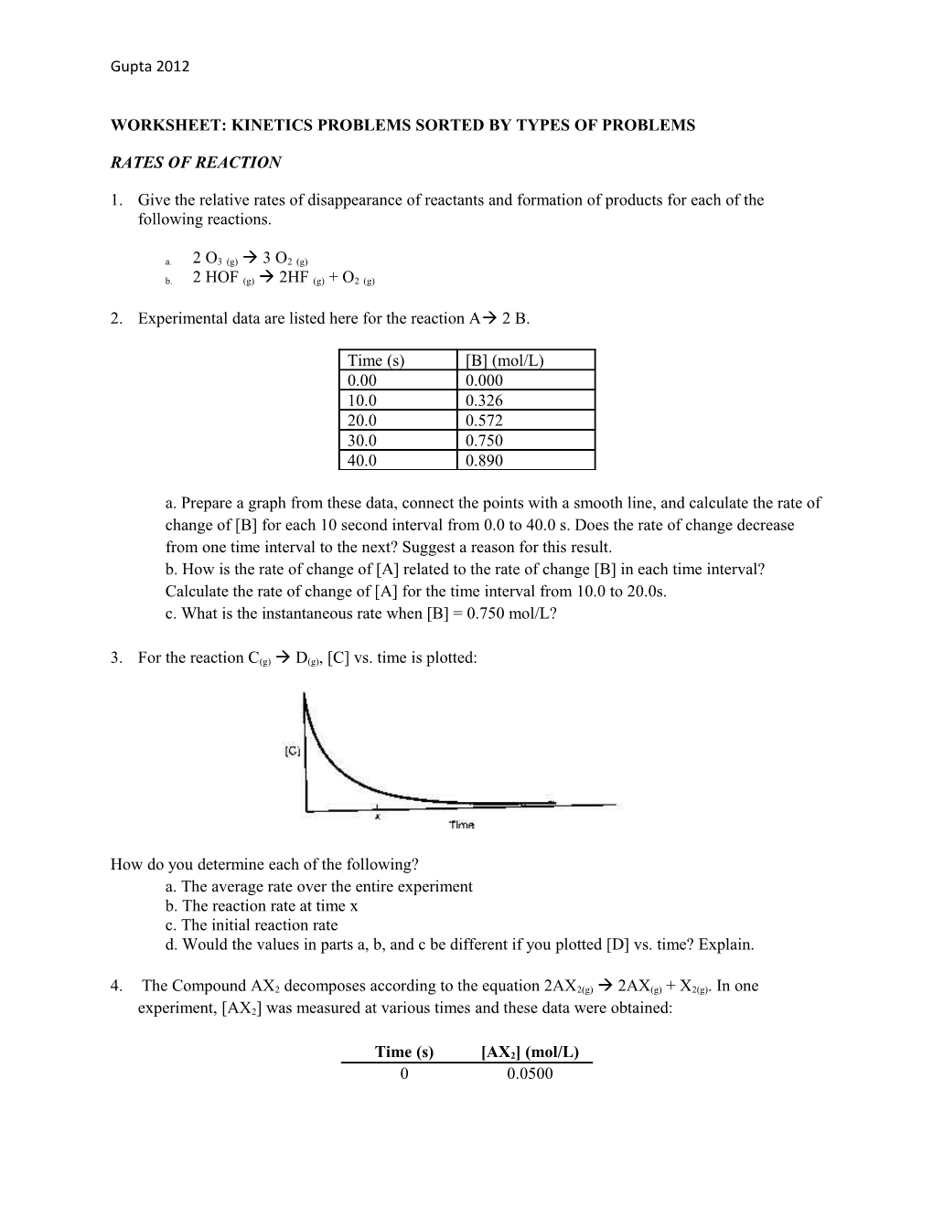 Worksheet: Kinetics Problems Sorted by Types of Problems