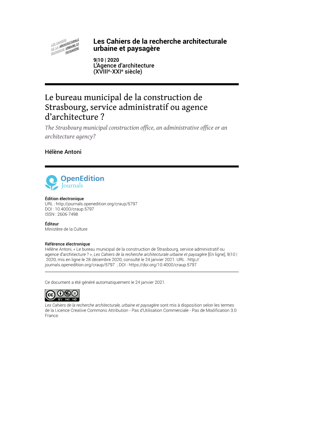 Les Cahiers De La Recherche Architecturale Urbaine Et Paysagère, 9|10 | 2020 Le Bureau Municipal De La Construction De Strasbourg, Service Administratif O