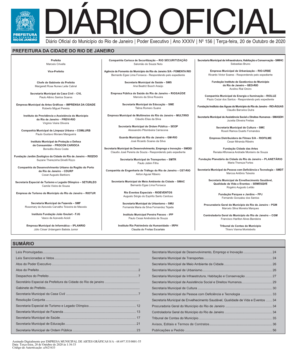 Diário Oficial Do Município Do Rio De Janeiro | Poder Executivo | Ano XXXIV | Nº 156 | Terça-Feira, 20 De Outubro De 2020