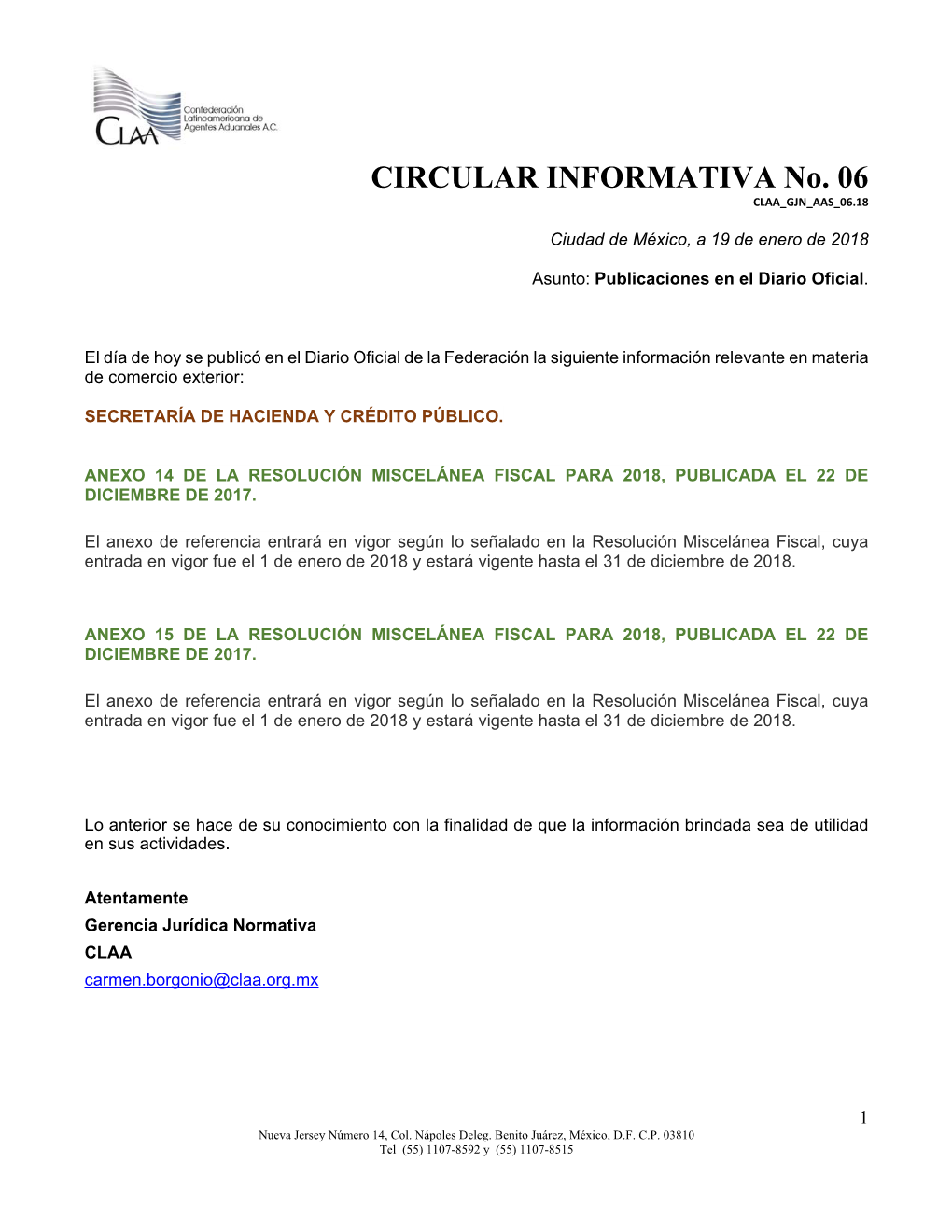 CIRCULAR INFORMATIVA No. 06 CLAA GJN AAS 06.18