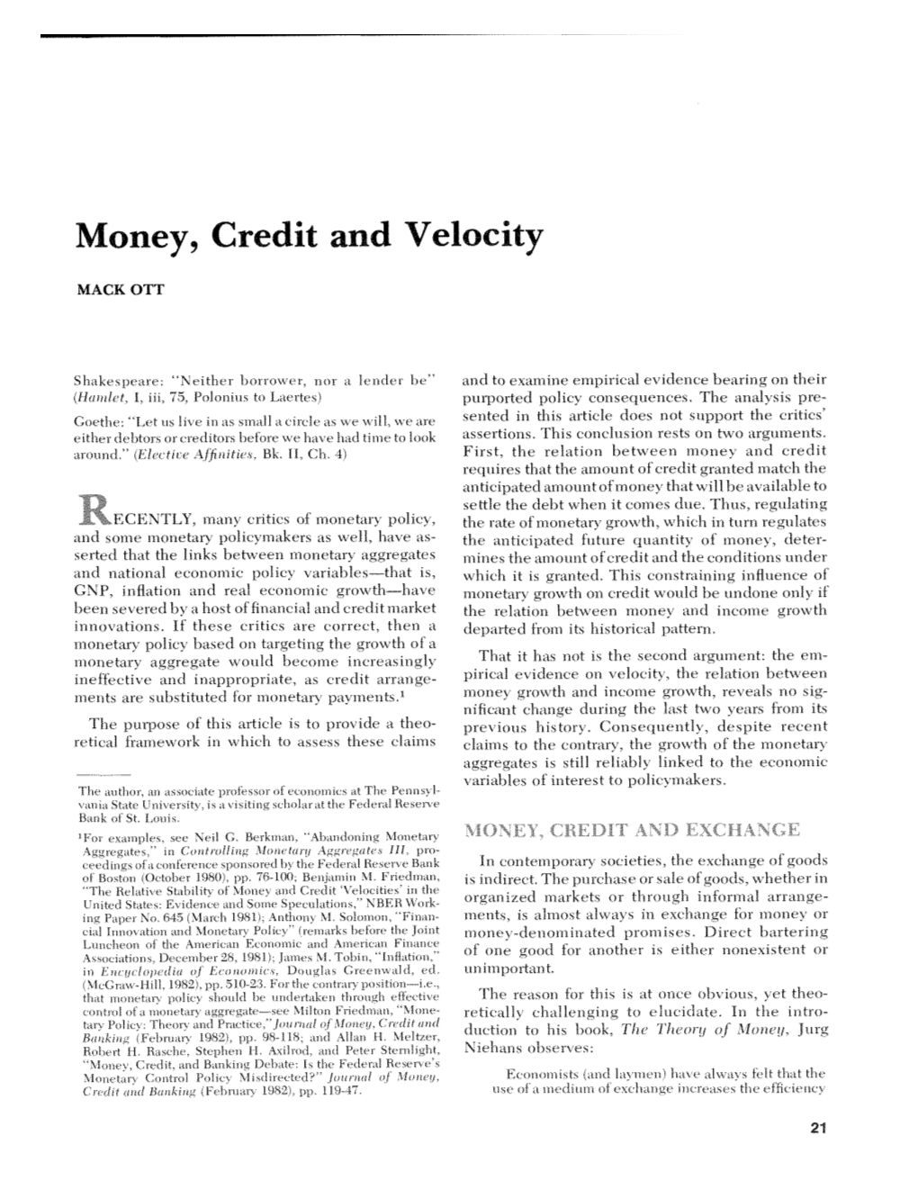 Money, Credit and Velocity