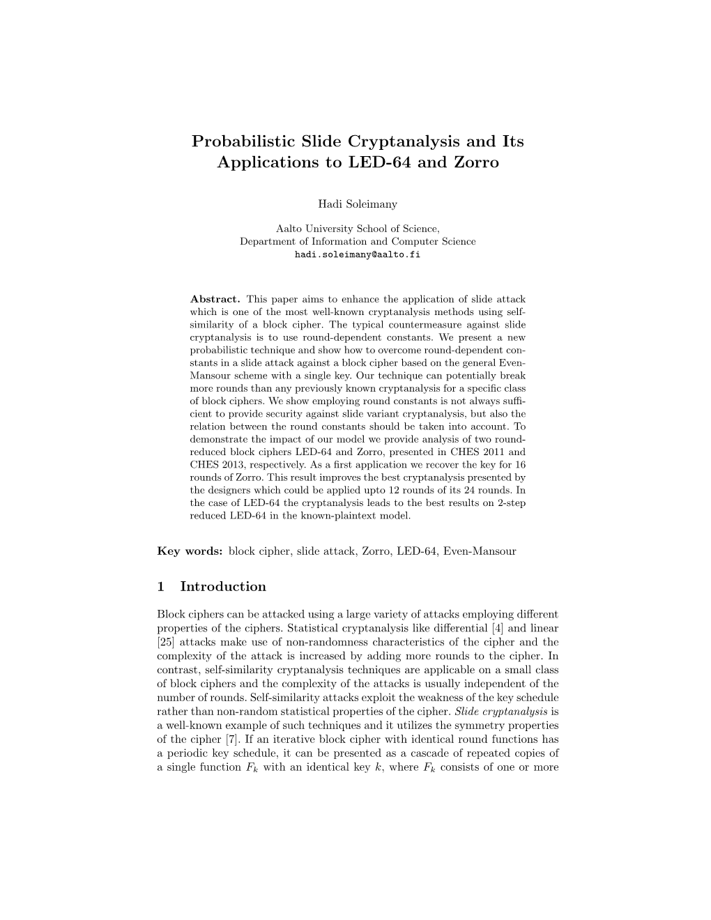 Probabilistic Slide Cryptanalysis and Its Applications to LED-64 and Zorro