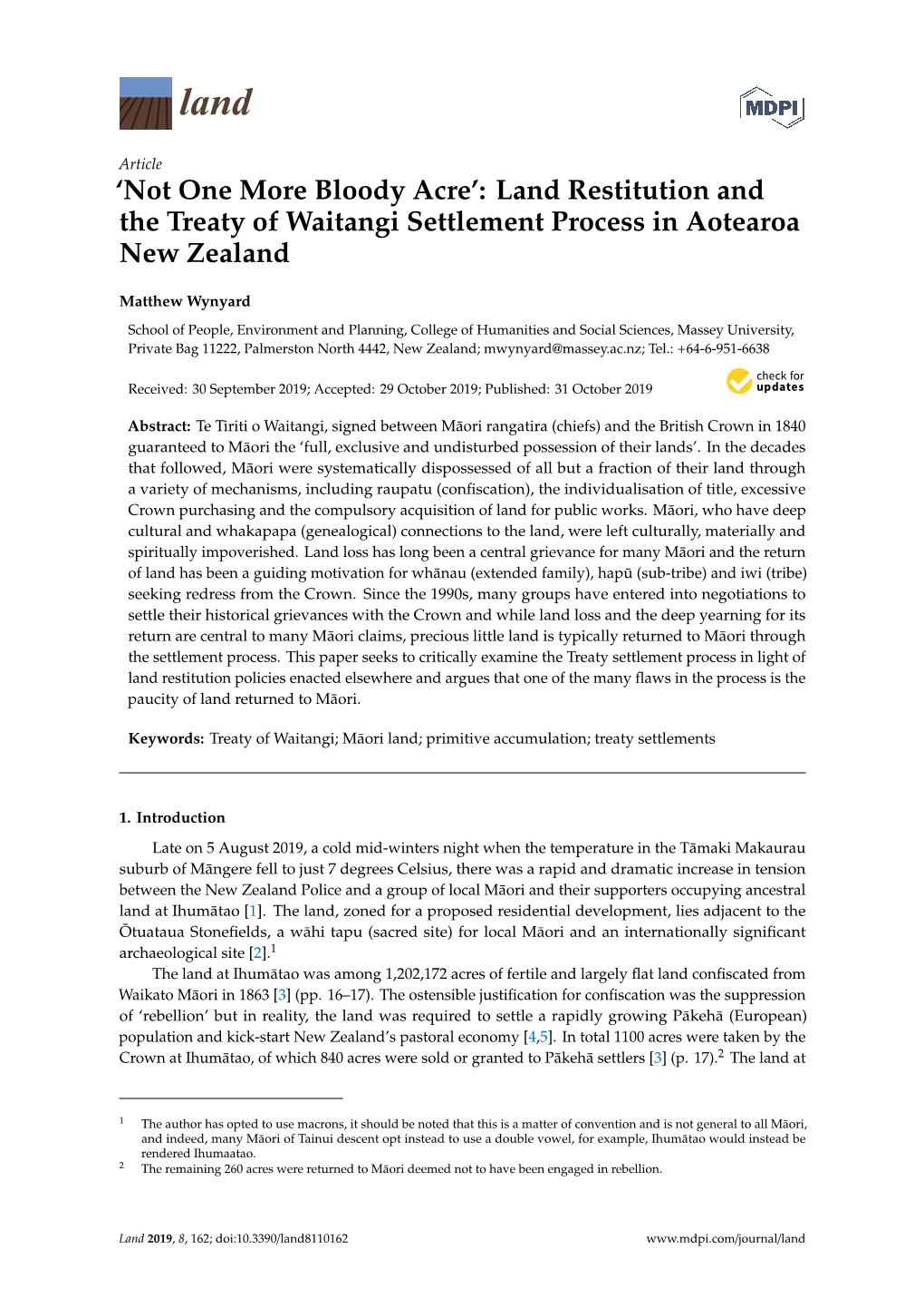 Land Restitution and the Treaty of Waitangi Settlement Process in Aotearoa New Zealand