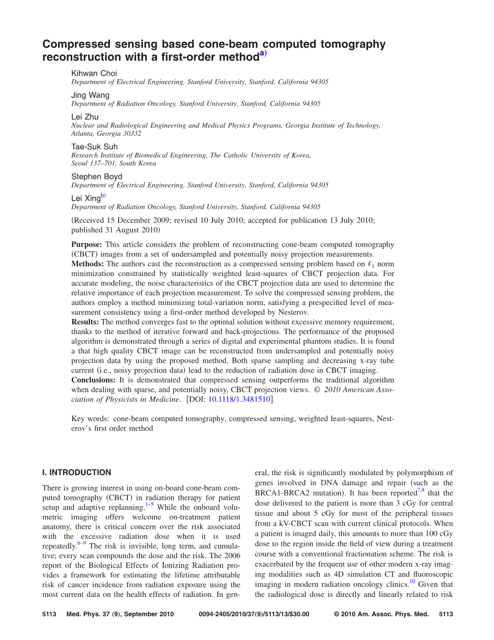 Compressed Sensing Based Cone-Beam Computed Tomography