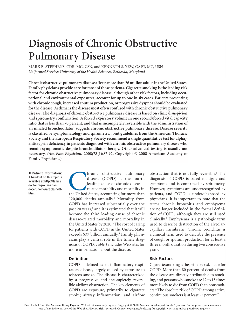 Diagnosis of Chronic Obstructive Pulmonary Disease