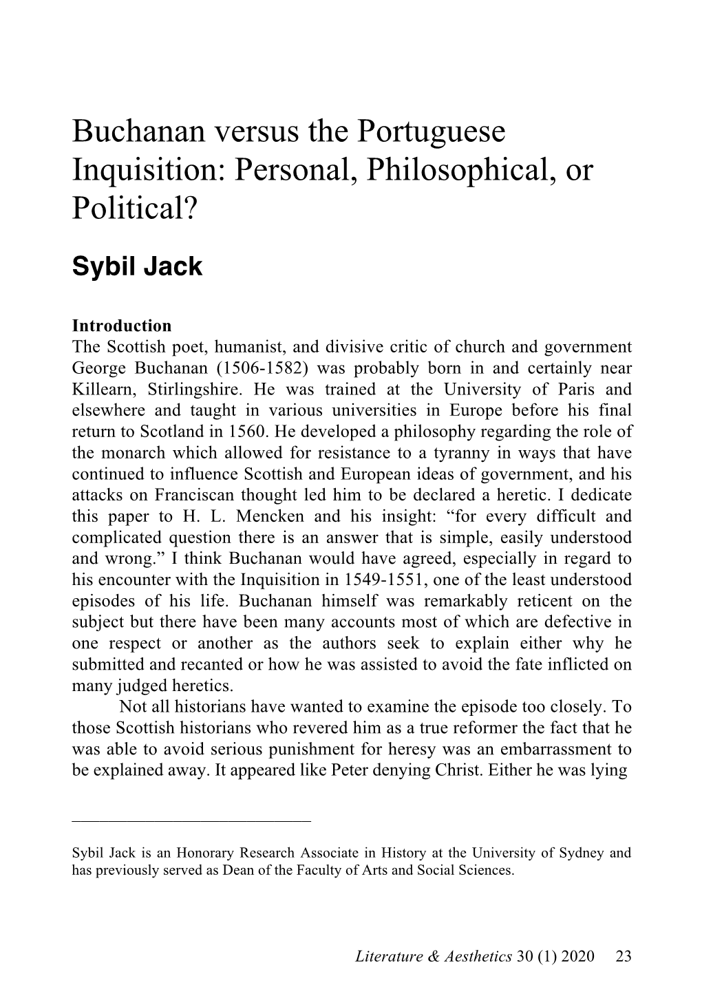 Buchanan Versus the Portuguese Inquisition: Personal, Philosophical, Or Political?