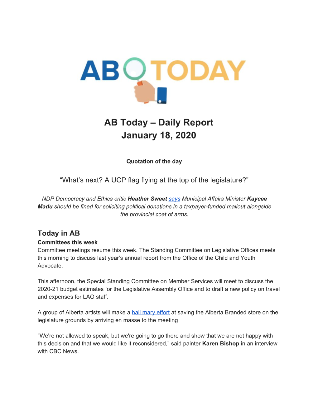 AB Today – Daily Report January 18, 2020
