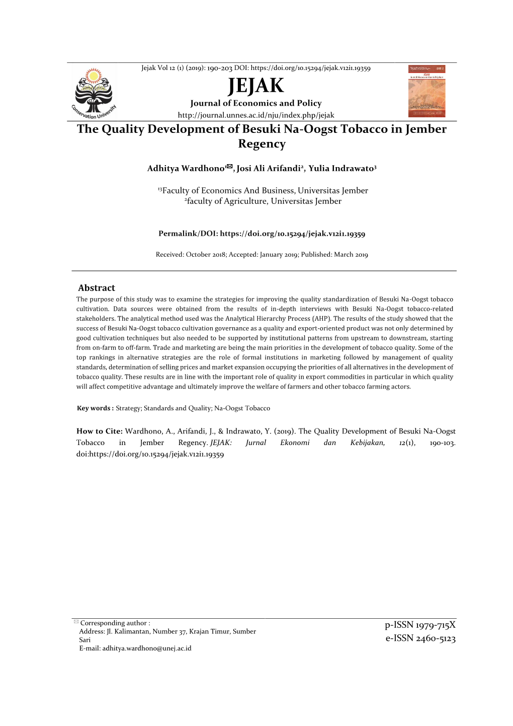 The Quality Development of Besuki Na-Oogst Tobacco in Jember Regency