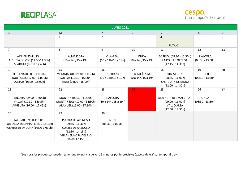 Calendario Ecoparque 2021-2022