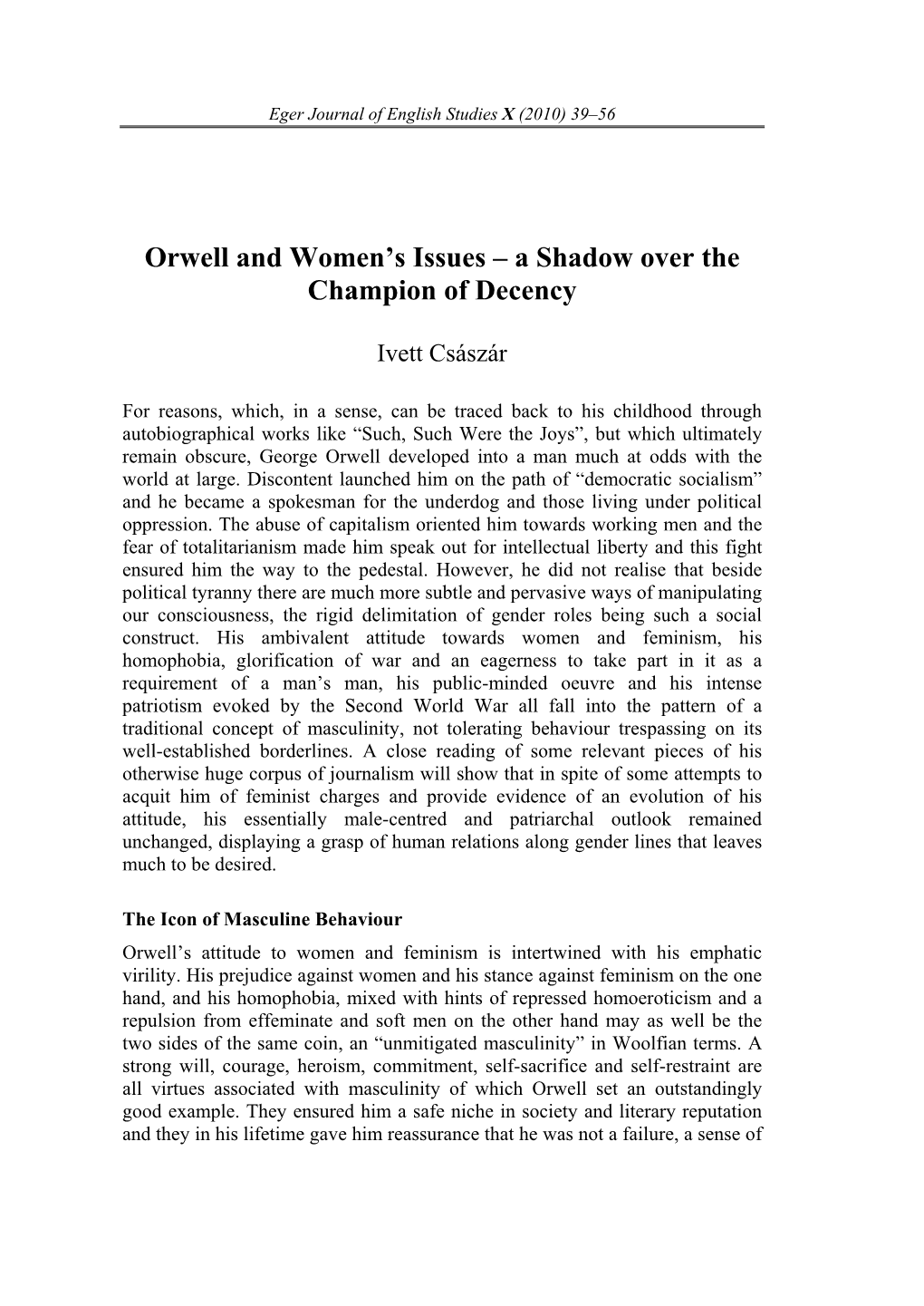 Orwell and Women's Issues – a Shadow Over the Champion Of